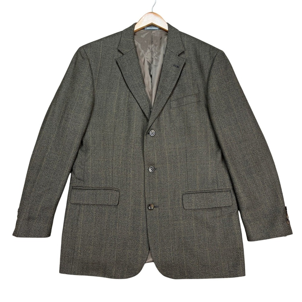 Oscar de la Renta Blazer Mens 44L Brown Herringbone Windowpane Plaid Sport Coat